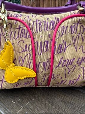 Y2K Victoria's Secret Beige Canvas Tote with Purple Script and yellow charm